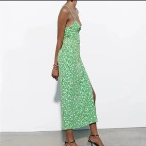 Zara 90s floral print green strappy split skirt maxi dress NWT Large